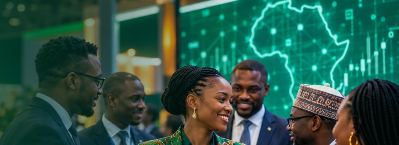 Participants échangeant lors du salon, devant une carte de l'Afrique